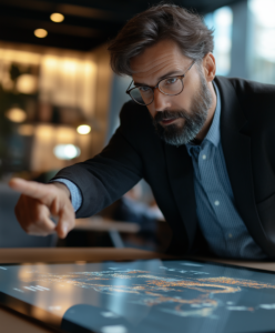 man analyzing data on touchscreen table